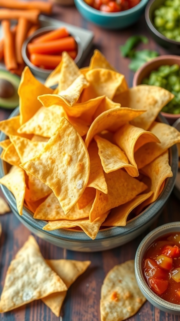 A bowl of golden tortilla chips with salsa and guacamole on a colorful table.
